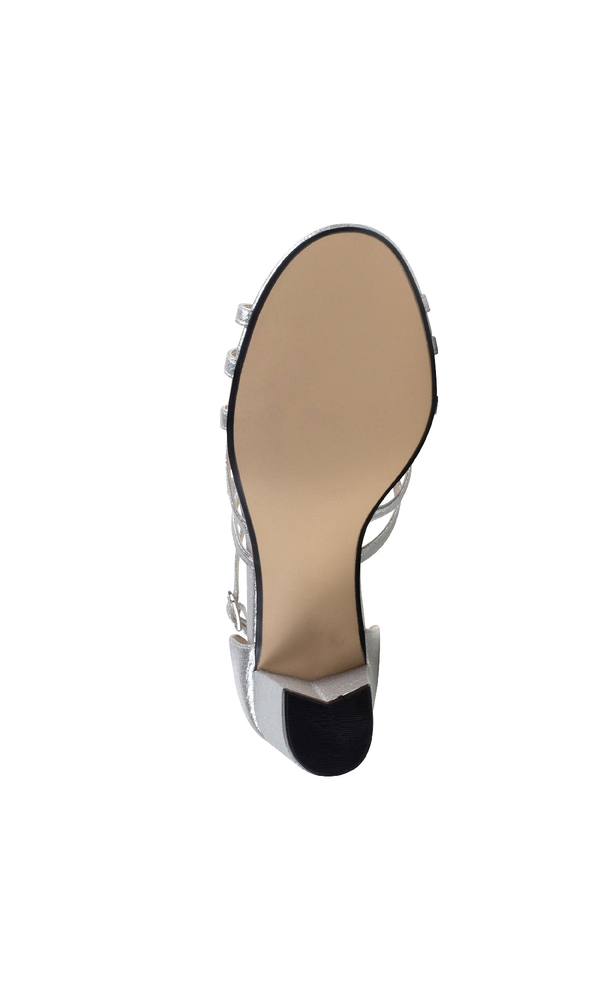 Bottom view of Lupe Silver Shimmer Prom Dress Shoes: Touch Ups 4621, showcasing a smooth sole and strappy upper design—an elegant choice for any formal look.